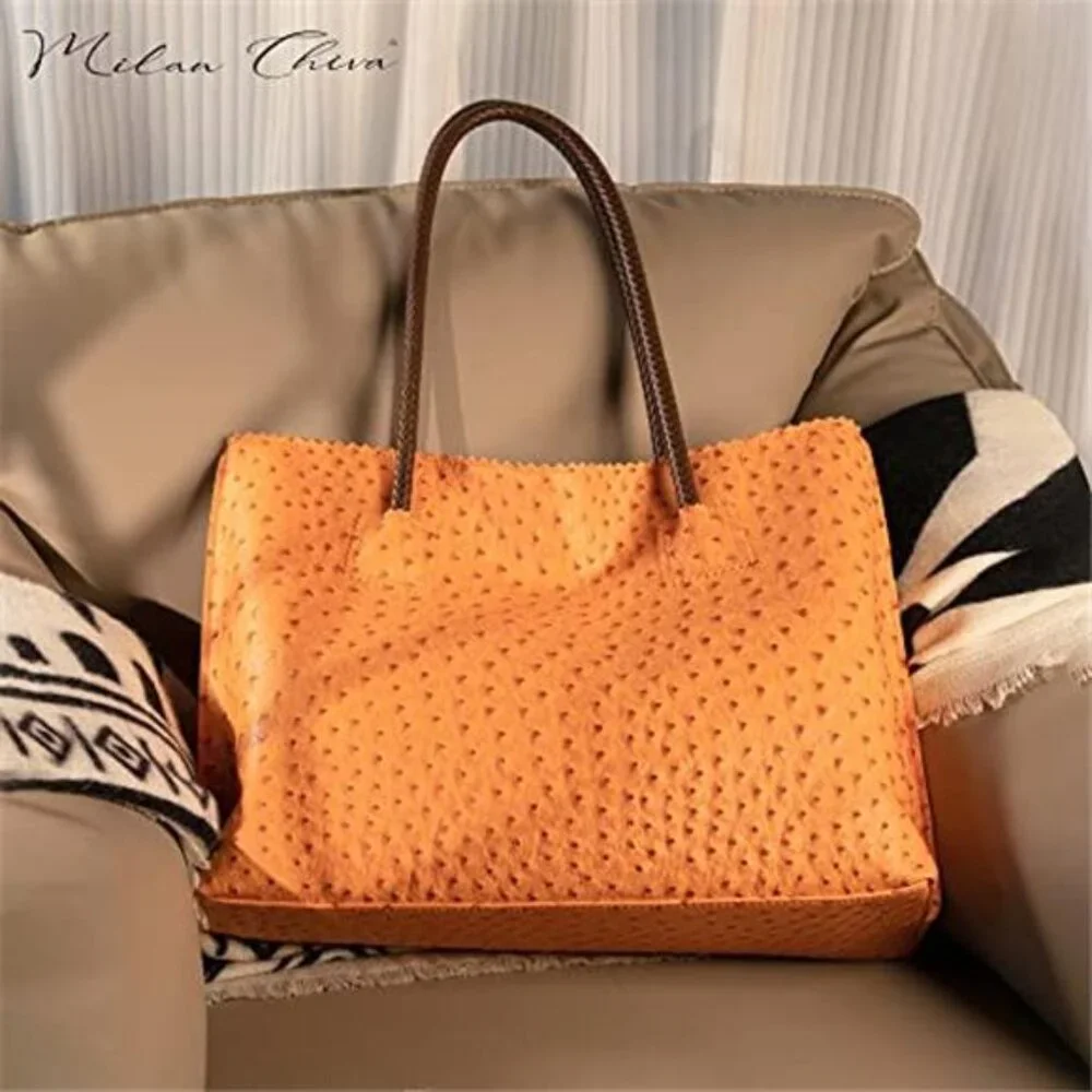 VEGAN OSTRICH Style Leather Cruelty Free Large Capacity Honey Orange TOTE Bag